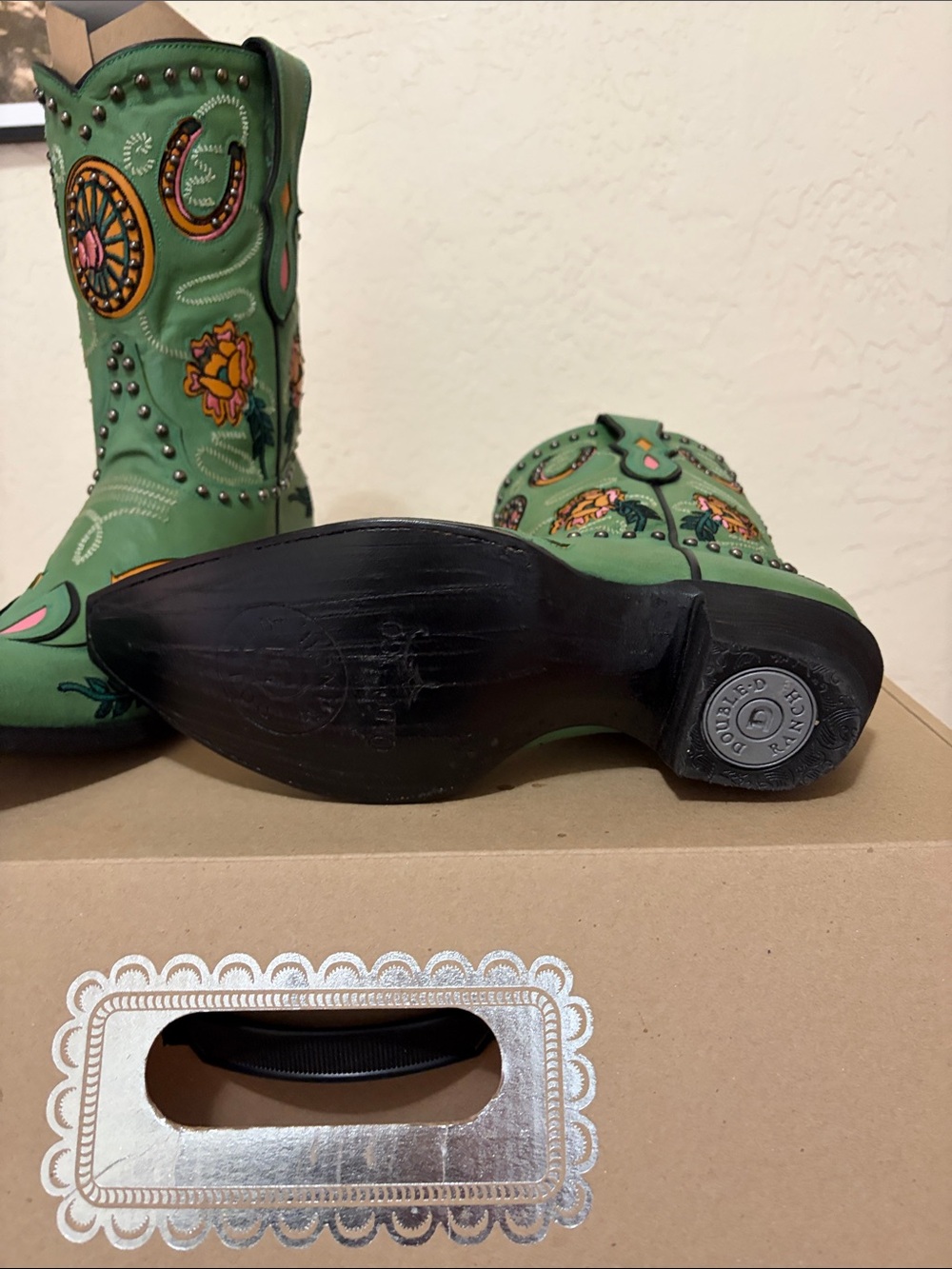Double D Ranch Green Western Heeled Boots with Pink & Orange Embroidery - Picture 3 of 6